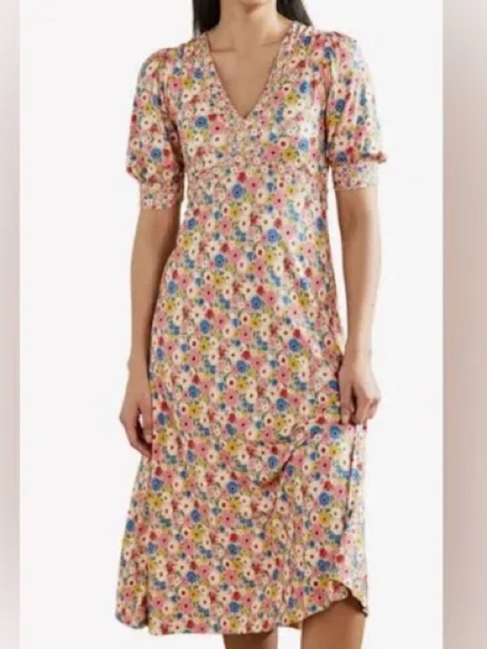 Boden Pink Multicolor Floral V‑Neck Midi Dress